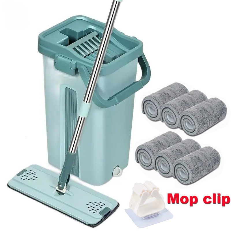 Flat Squeeze Mop With Bucket Hand Free Wringing Floor Cleaning Mop Microfiber Mop Pads Wet Or Dry Usage On Hardwood mop With 4coth