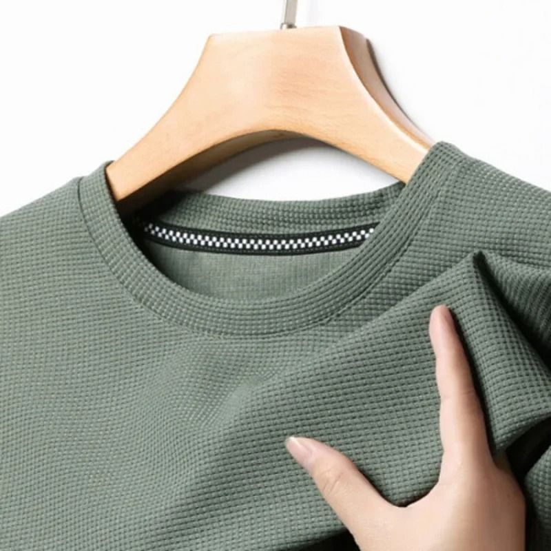 Mens Summer Waffle Knit Short Sleeve T Shirt With Round Neck khaki xxl