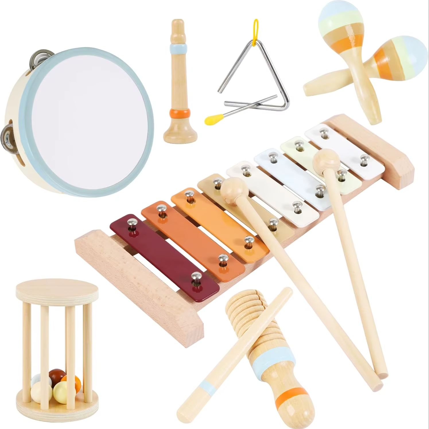 Baby Musical Instruments Montessori Wooden Toys, Percussion Xylophone Set For Toddlers, Preschool Educational Gifts 7pcs