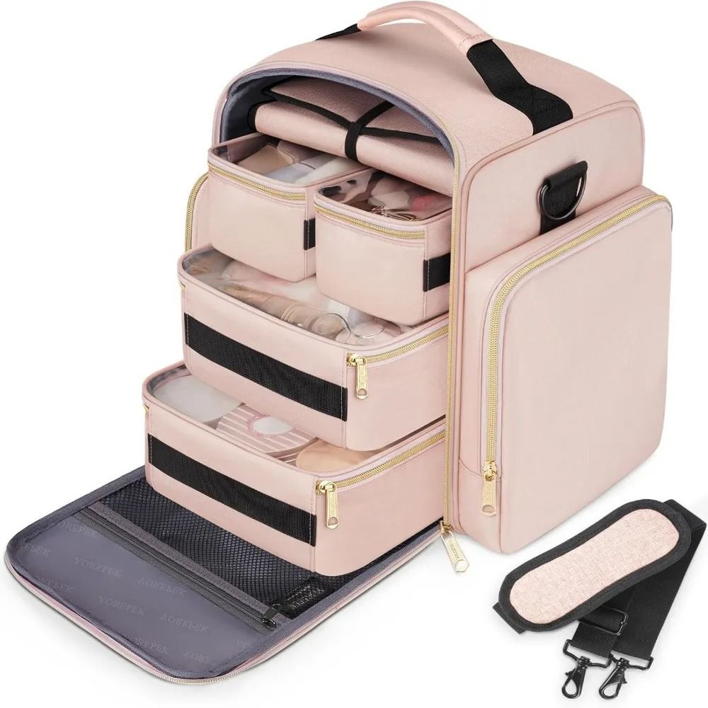 Large Travel Cosmetic Organizer Bag With Removable Storage Boxes And Jewelry Roll Large Travel Cosmetic Organizer Bag With Removable Storage Boxes And Jewelry Roll