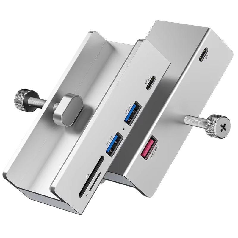 Aluminum Type C 4 Port USB 3.0 Hub With Phone Holder & Memory Card Reader Solid Multi Device Dock 3usb 1type C Silver