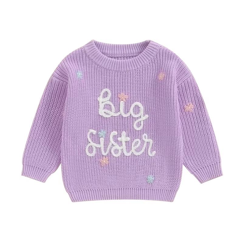 Big Sister & Little Sister Matching Embroidered Knit Sweater Set Warm Fall Winter Toddler Sweatshirts purple 2 3t