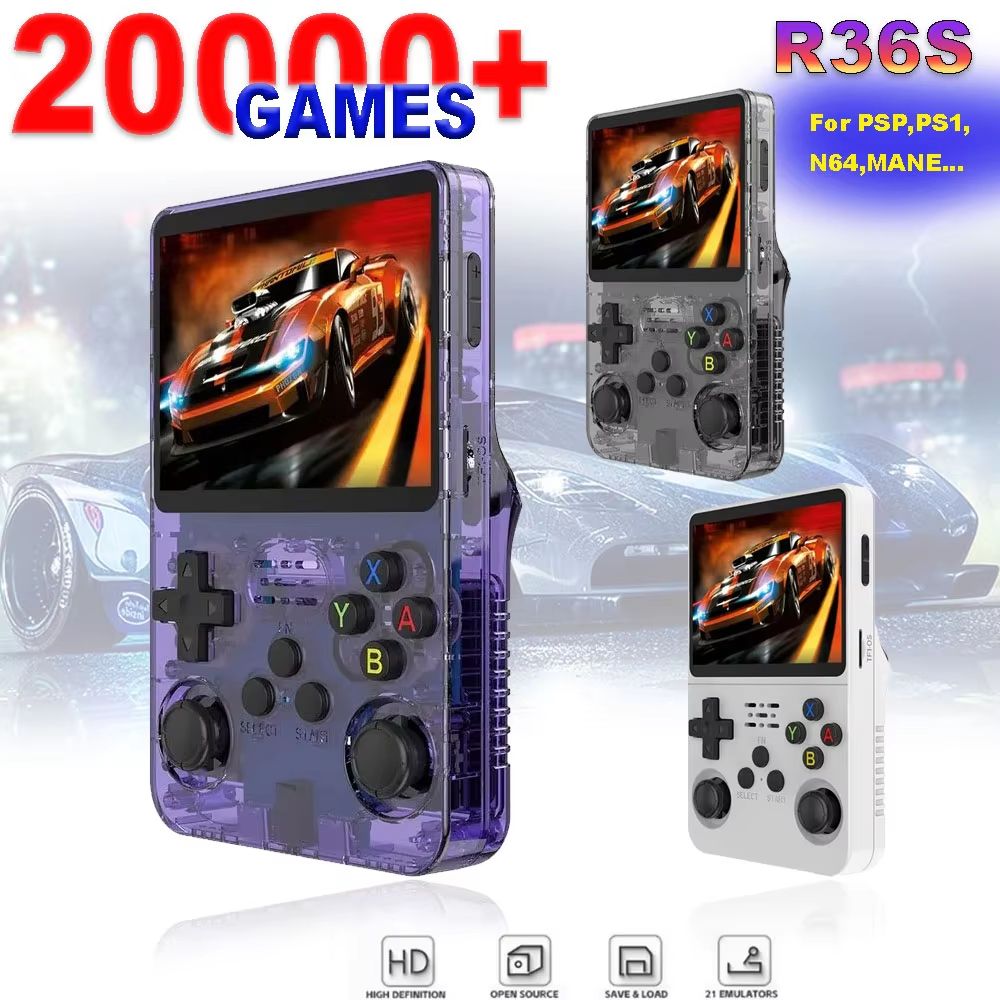 R36S Handheld Retro Game Console 3.5inch IPS Screen, 64G Linux Open Source Portable Video Player lake Blue 64g