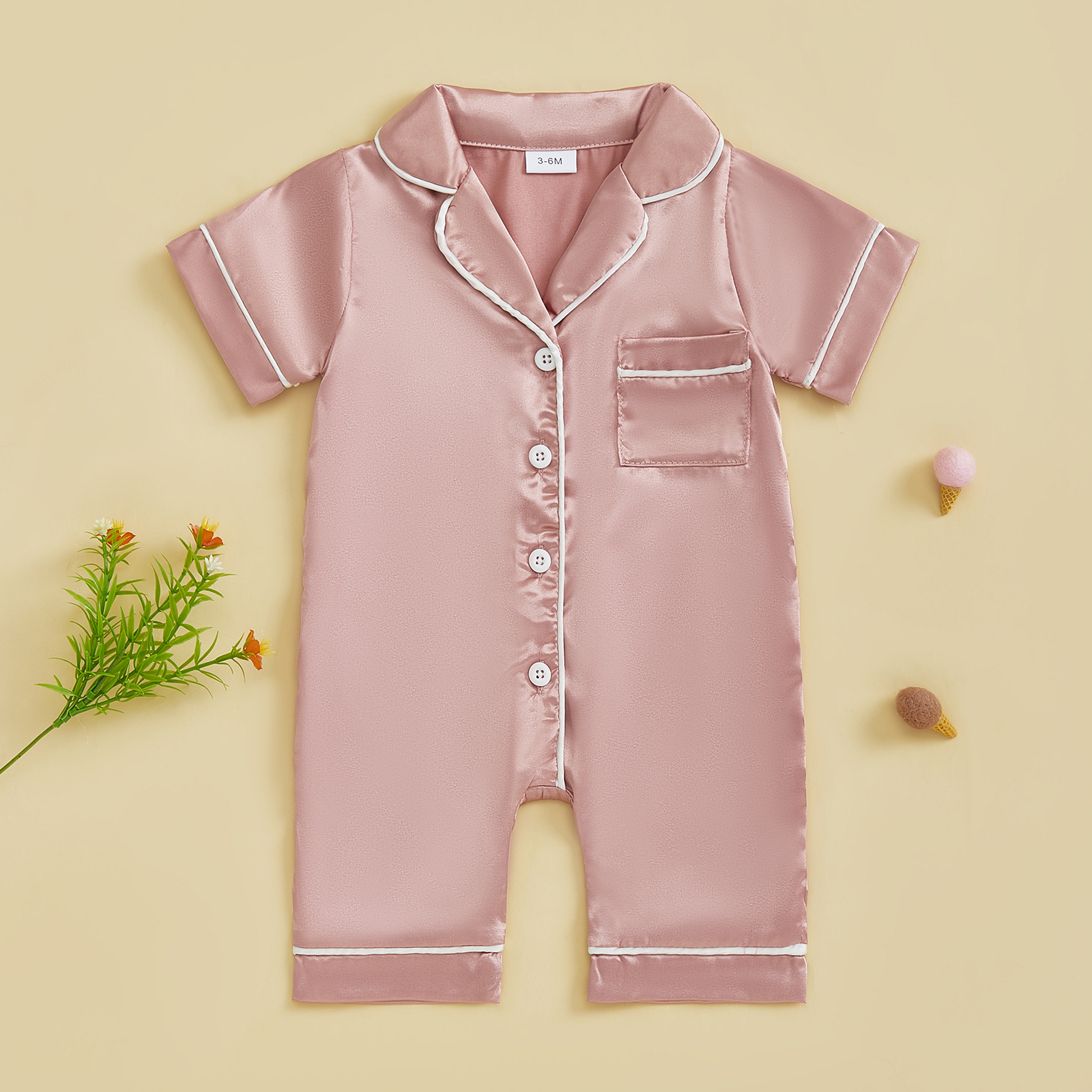 Soft Satin Baby Pajamas Romper, Patchwork Turn Down Collar Short Sleeve Jumpsuit For Newborn Sleepwear green 18 24 Months