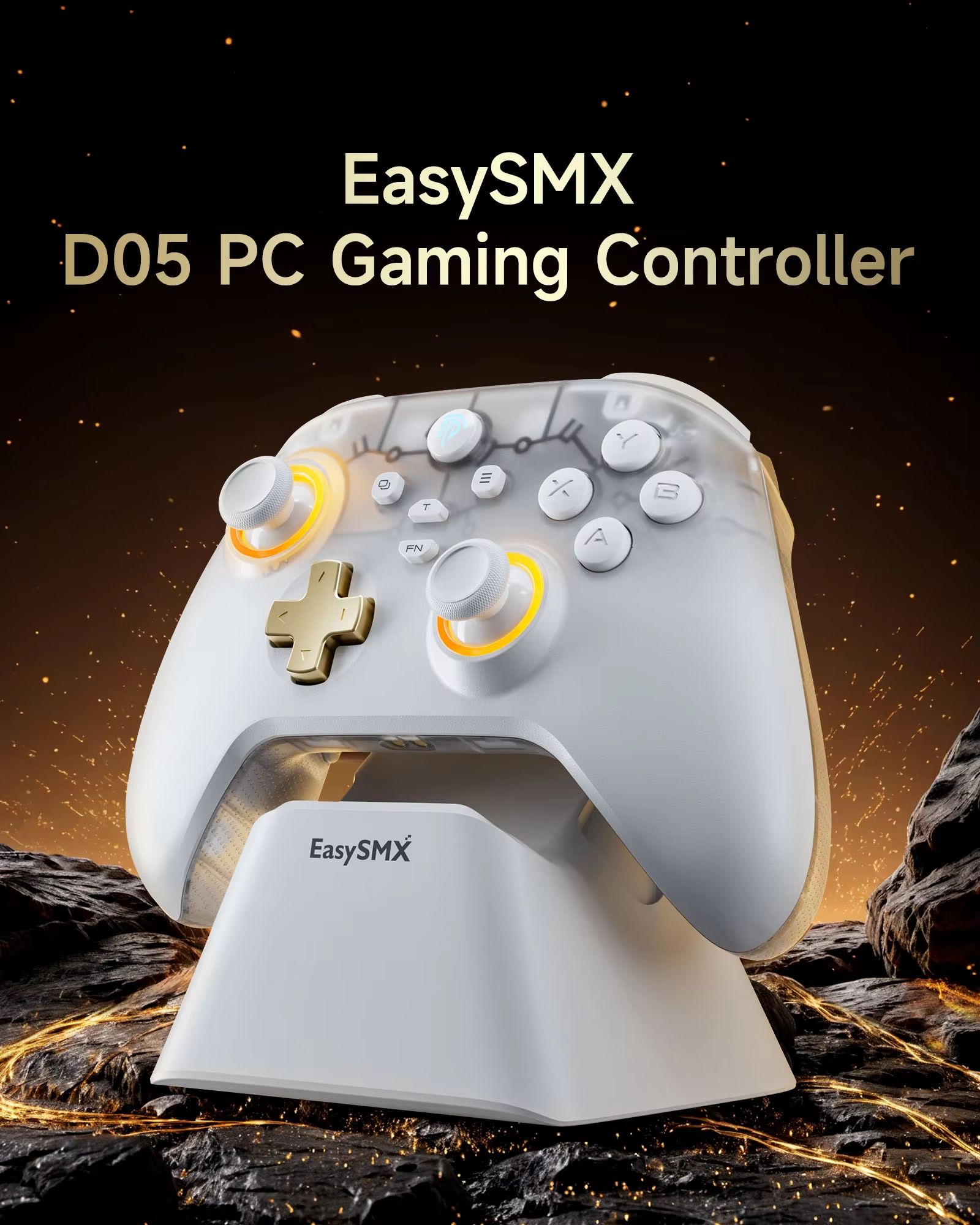 EasySMX D05 Wireless Game Controller With RGB Charging Dock And Hall Effect Joysticks For Nintendo Switch, PC & Window white