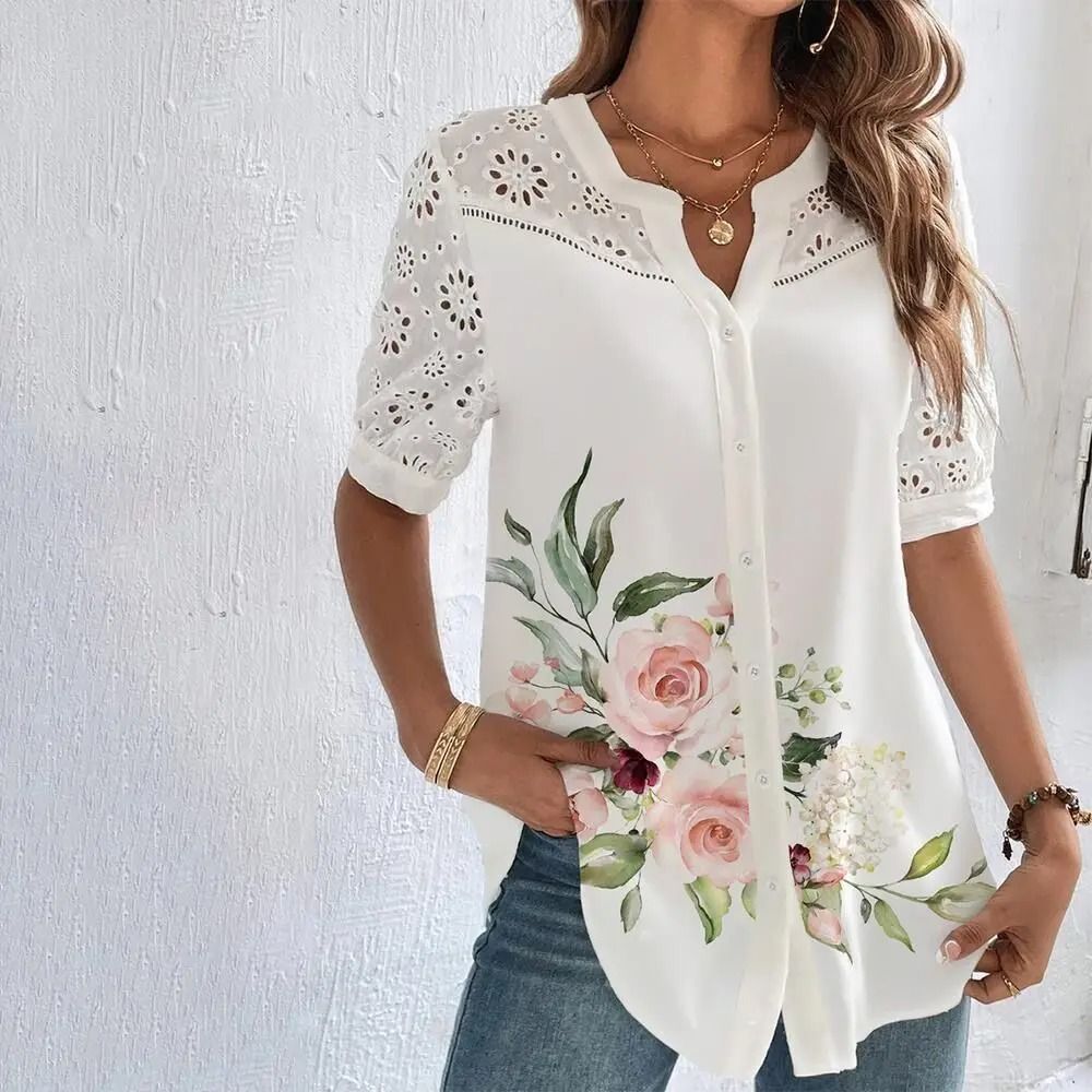 Casual Lace Women Shirt Loose Elegant Short Sleeve Blouse s sky Blue