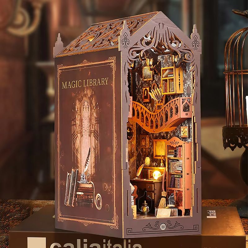 DIY Book Nook Kit Wooden Dollhouse Building Set LED Bookshelf Insert Miniature House Bookend sl 09