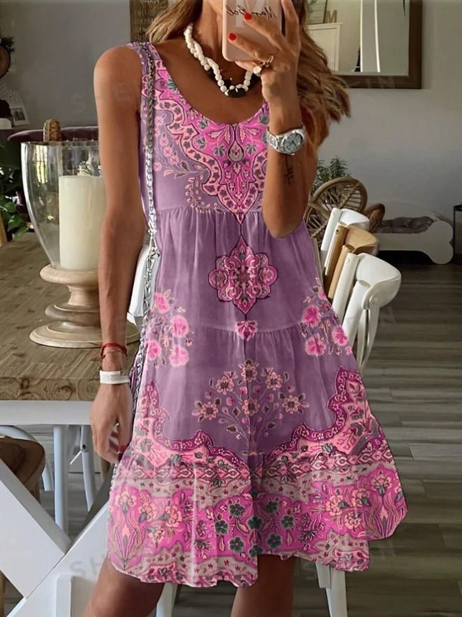 Plus Size Printed Pleated Sleeveless V Neck Summer Dress 4xl blue