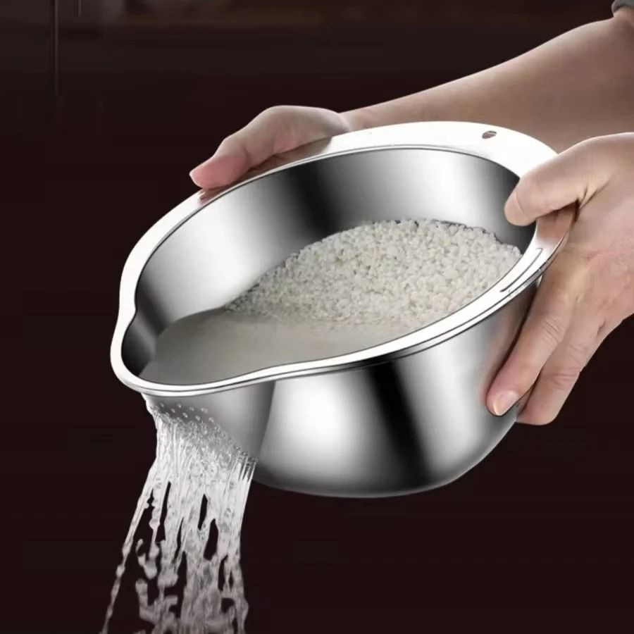 Stainless Steel Rice Washing Bowl And Strainer For Fruits And Vegetables Stainless Steel Rice Washing Bowl And Strainer For Fruits And Vegetables