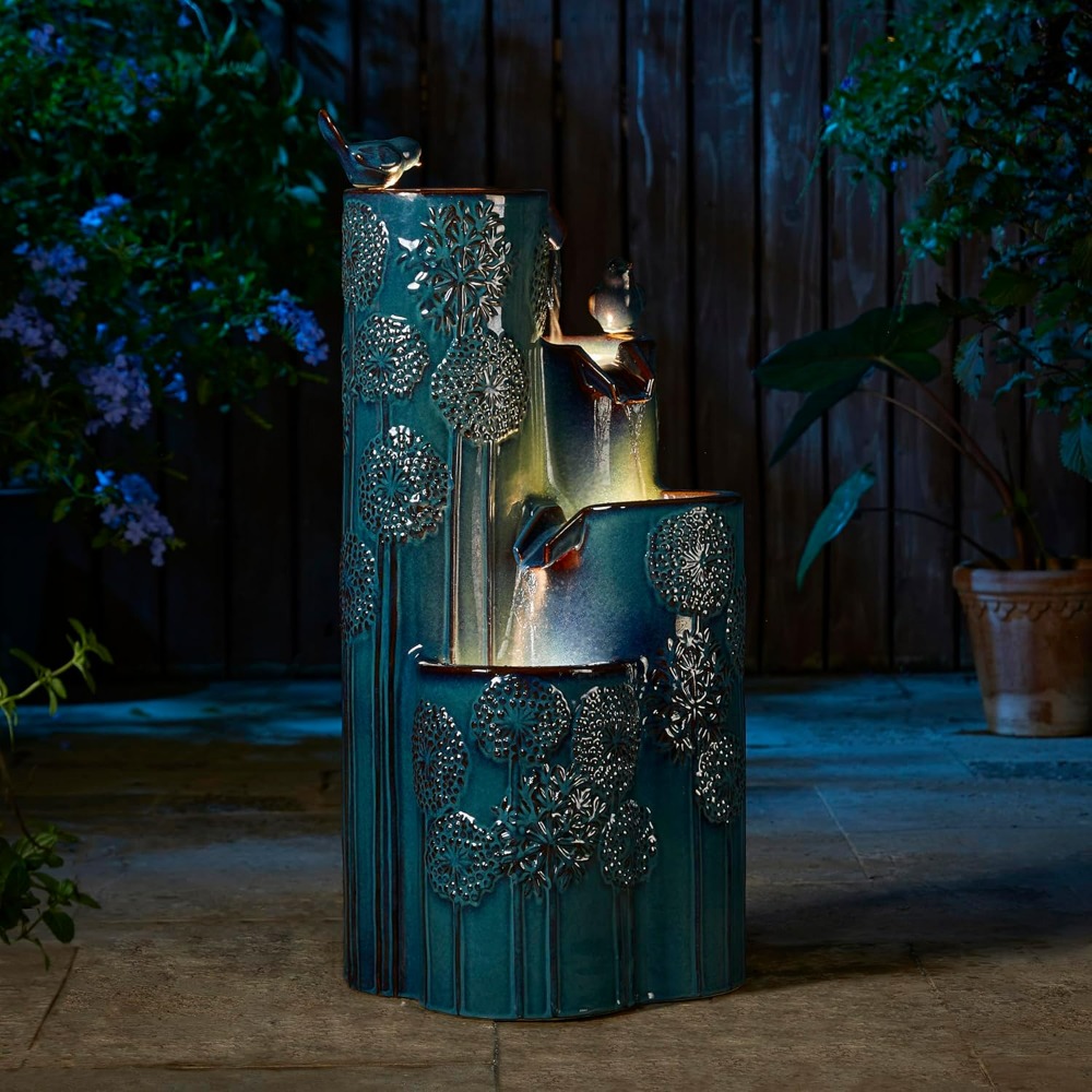 31.75 H Outdoor Water Fountain With LED Lights And Pump, Dandelion Texture Vase Shaped Ceramic Floor Standing Fountain 31.75 H Outdoor Water Fountain With LED Lights And Pump, Dandelion Texture Vase Shaped Ceramic Floor Standing Fountain