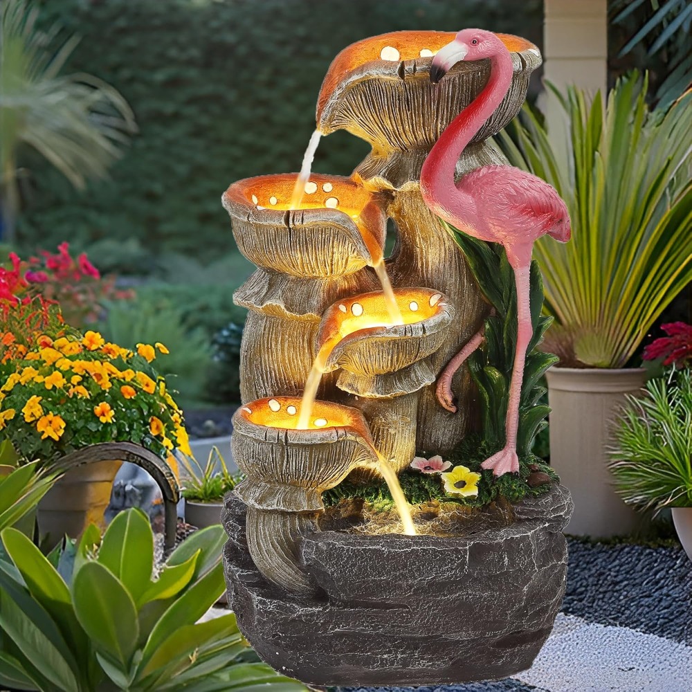 5 Tier Outdoor Indoor Water Feature Fountain, Flamingo Ornamental Cascading Waterfall With 5 LED Light For Garden, Decor 5 Tier Outdoor Indoor Water Feature Fountain, Flamingo Ornamental Cascading Waterfall With 5 LED Light For Garden, Decor