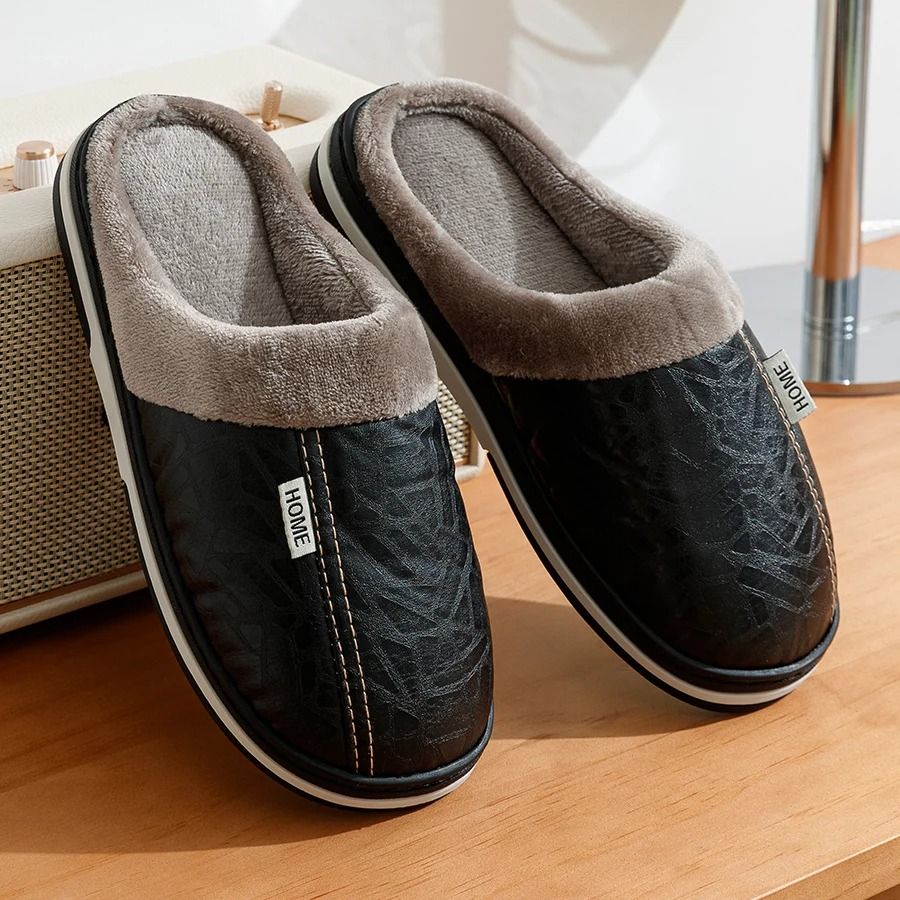 PU Leather Waterproof Fur Lined Indoor Mens Slippers Big Size Soft Home Shoes us 11.5 black