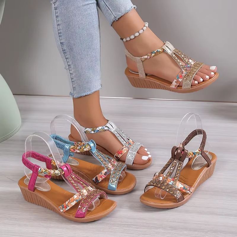 Women's Bohemian Wedge Sandals Rhinestone Platform Summer Sandals With Peep Toe Design gold a 43