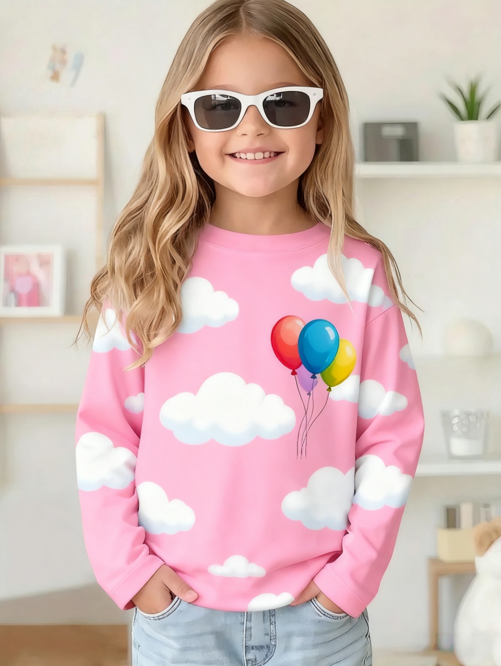 Cute Pink Clouds 3D Print Kids T Shirt, Girls Long Sleeve Top, Casual Comfort Childrens Clothing For Autumn Outdoors cxs002du 100