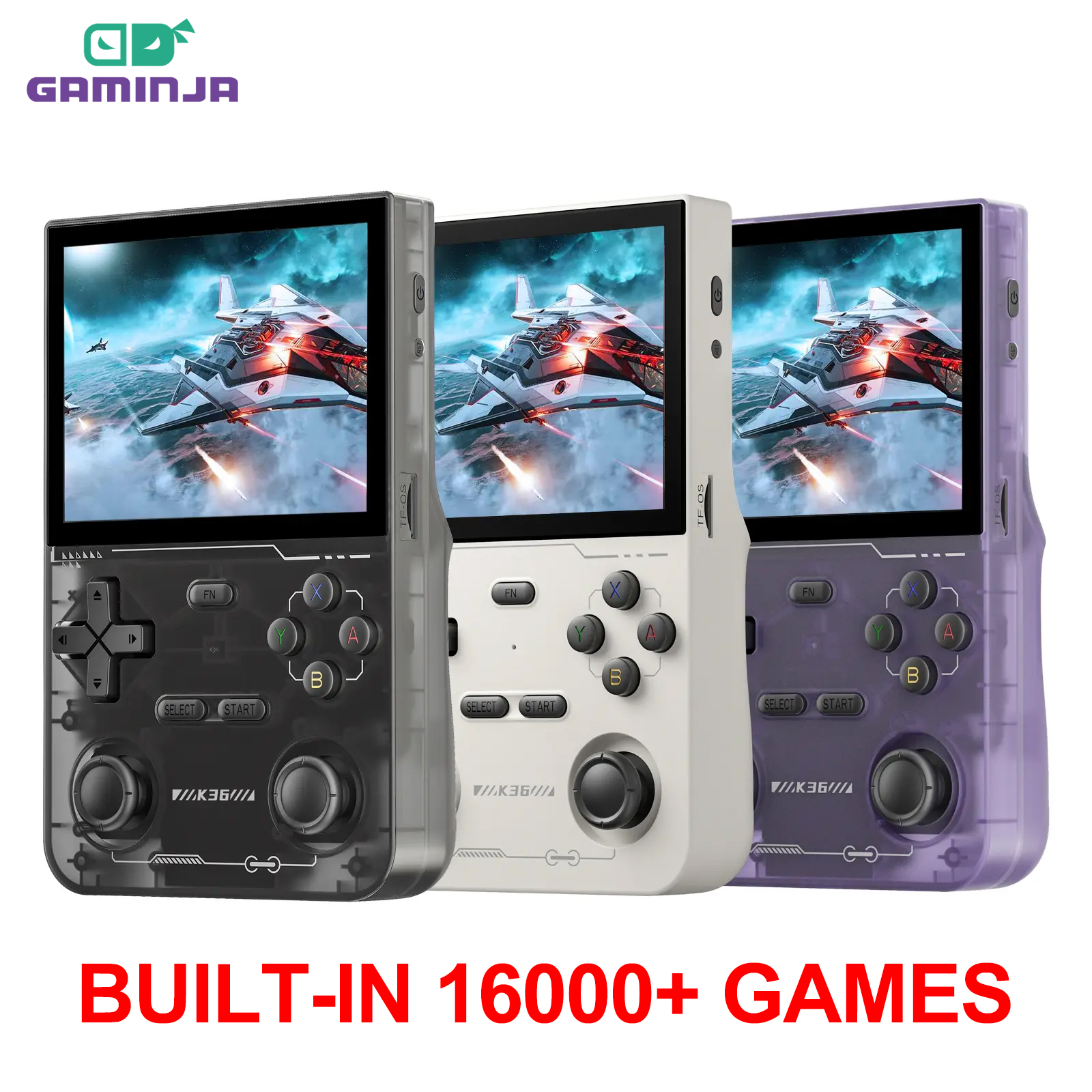 GAMINJA K36 3.5Inch IPS Screen Handheld Game Console, 64GB Memory Preloaded Classic Games, Portable Open Source purple
