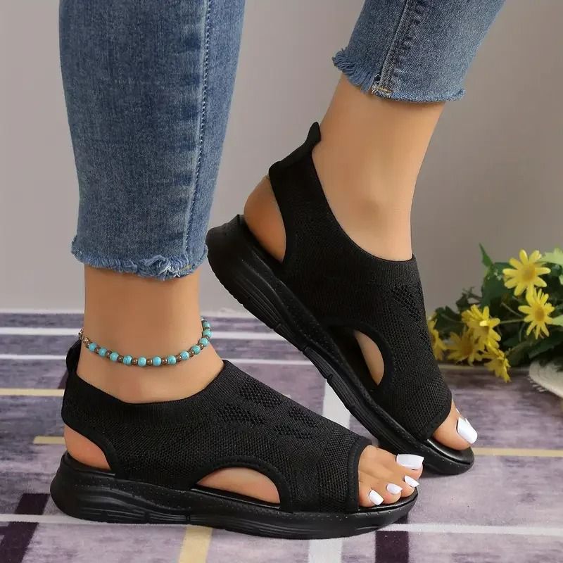 Summer Comfortable Round Toe Thick Sole Open Toe Sandals For Women 7.5 black