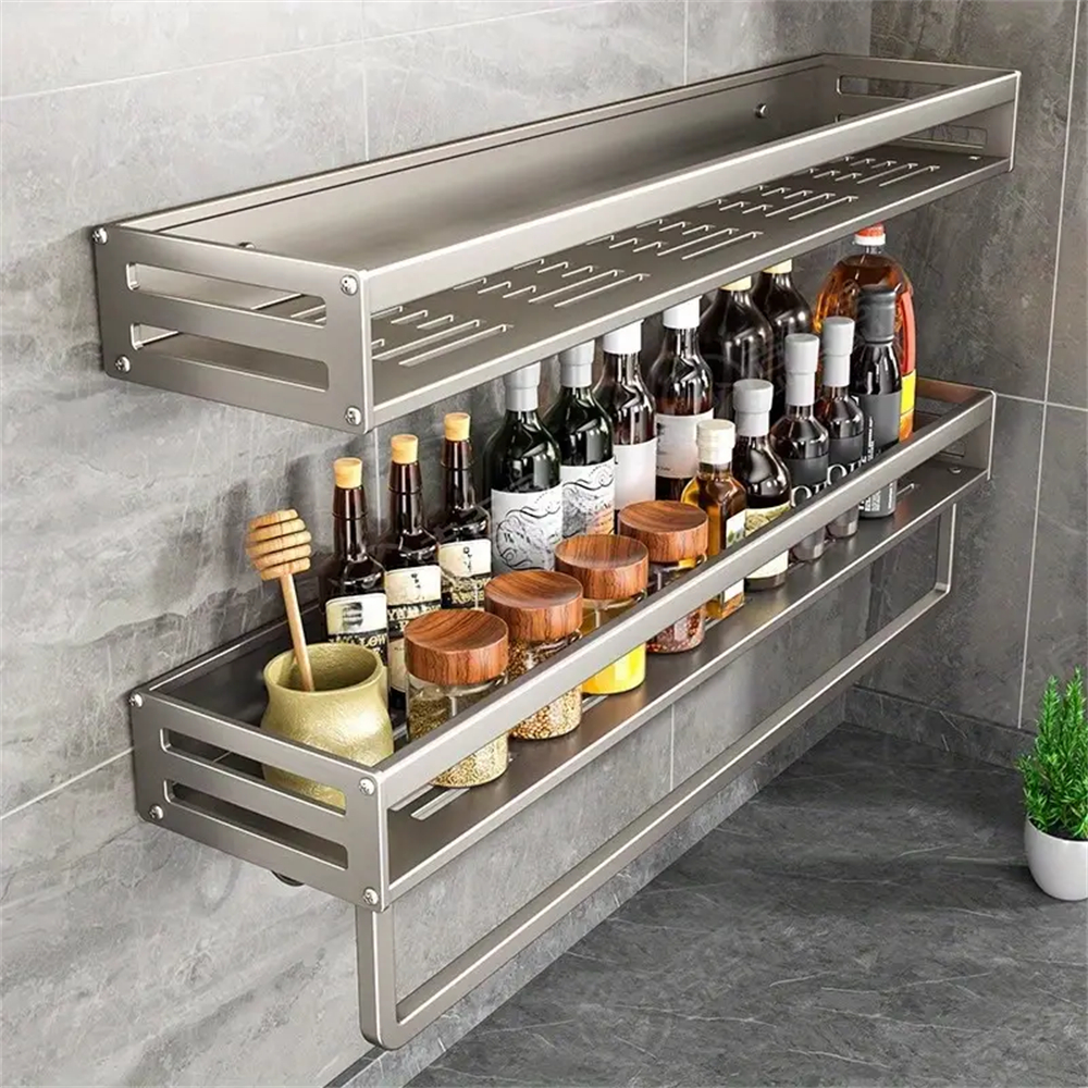 Aluminum Wall Mounted Spice Rack Multifunctional Item Shelf Kitchen Tools Hooks Kitchen Condiment Storage Rack 50 Gun Gray