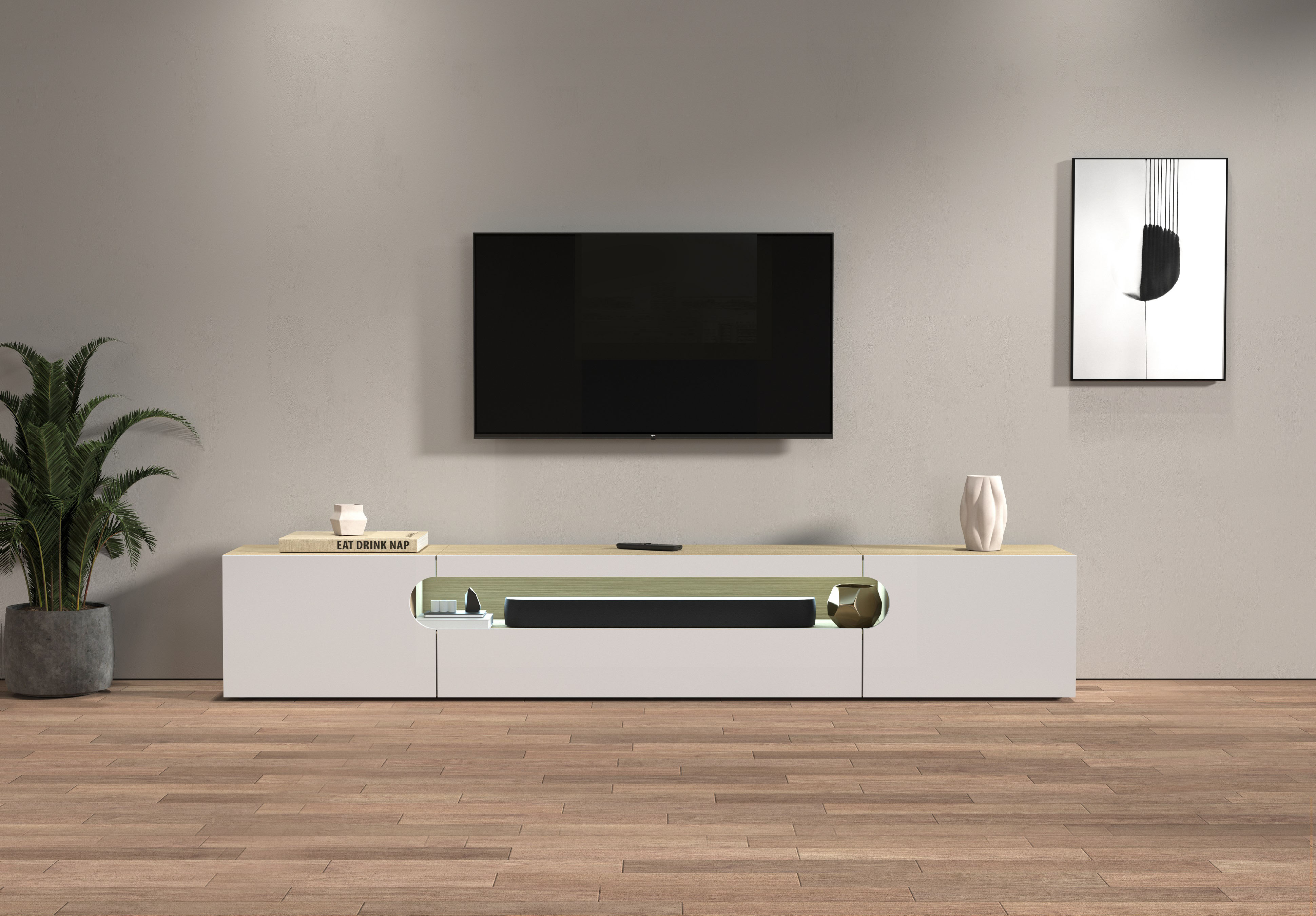 Lowboard HOME AFFAIRE "REAL TV-Möbel, 240 cm breit, 40/60 cm hoch, Hochglanz oder matt", eiche kaschmir, B:240cm H:40cm T:40cm, FSC-zertifizierter Holzwerkstoff, Sideboards, Lowboard, mit 2 abgerundeten Türen, 1 Klappe, die ein ovales offenes Fach...