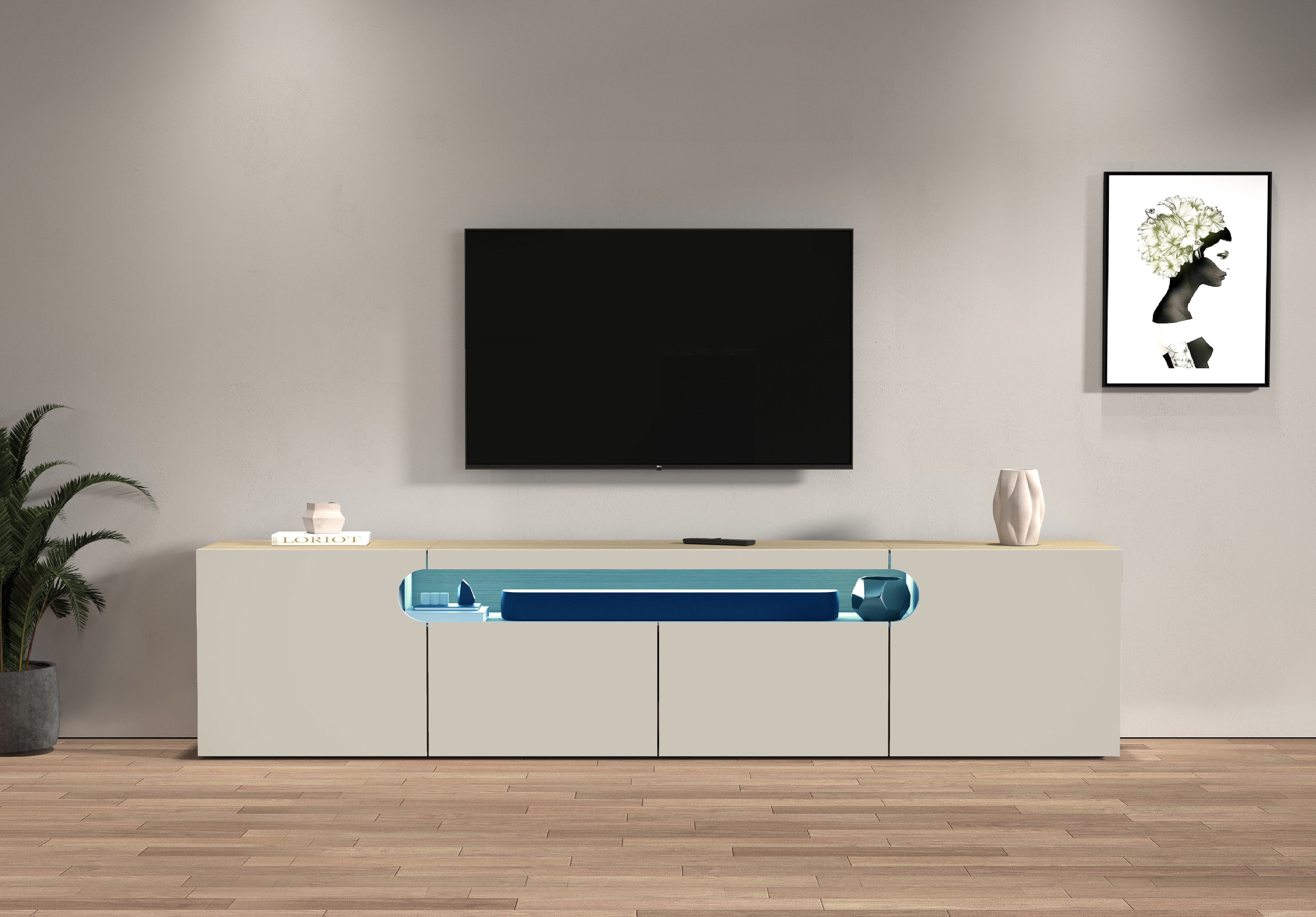 Lowboard HOME AFFAIRE "REAL TV-Möbel, 240 cm breit, 40/60 cm hoch, Hochglanz oder matt", eiche kaschmir, B:240cm H:60cm T:40cm, FSC-zertifizierter Holzwerkstoff, Sideboards, Lowboard, Mit 4 Türen, davon 2 abgerundet, die ein ovales offenes Fach bilden