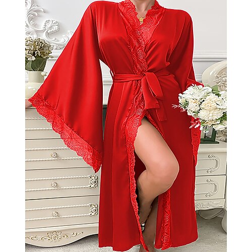 Per donna Pigiama Abbigliamento da Casa Camicia da Notte Tutina Caldo Moda Sexy Colore Puro Coulisse Pizzo Casa Manica Lunga Scollo a V Nero Bianco Vino Verde militare Rosso Primavera Autunno