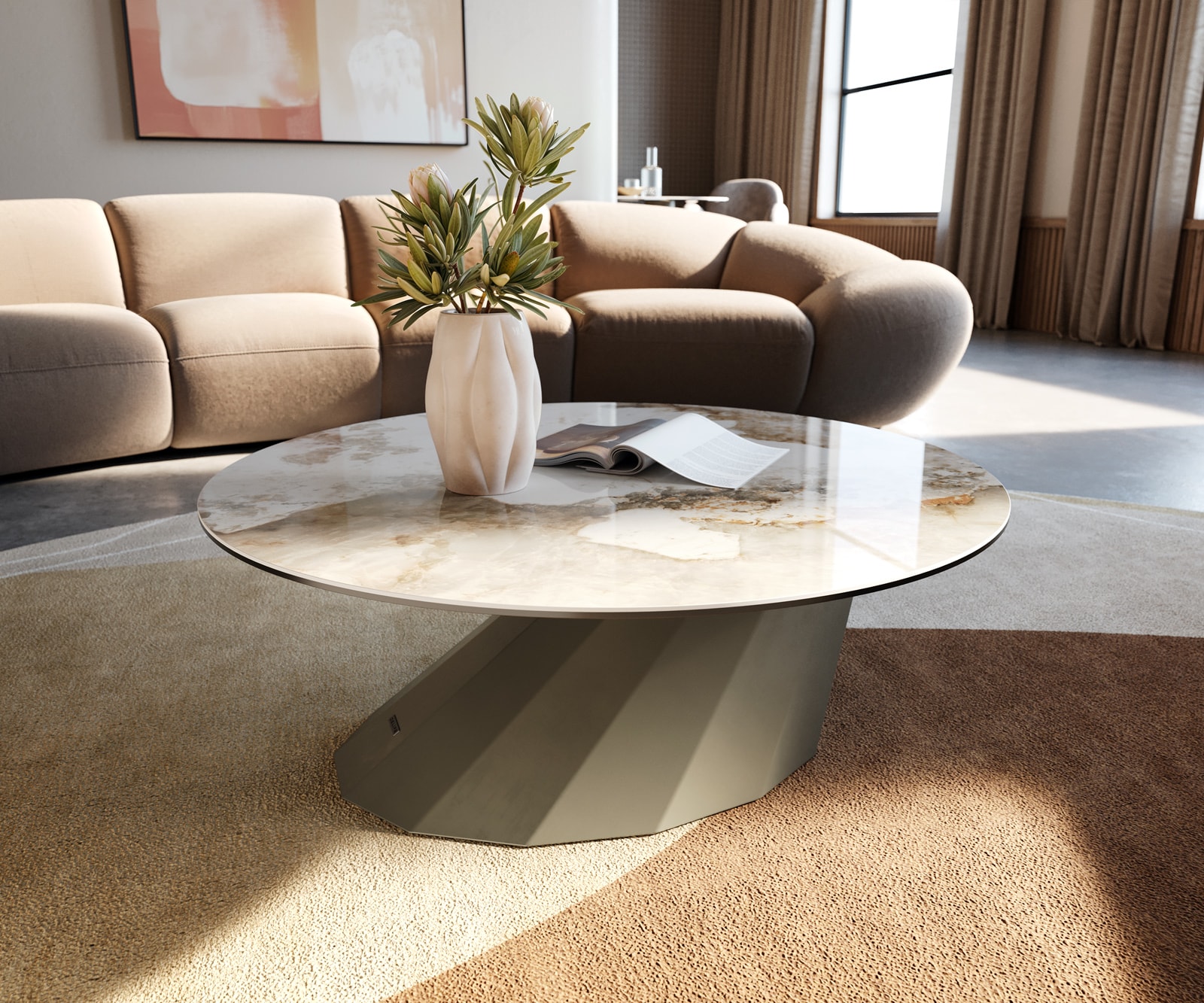 DELIFE Couchtisch Edge Rund 90x90 cm Keramik Minas Melange Parabi Metall Effektfinish Titan, Couchtische