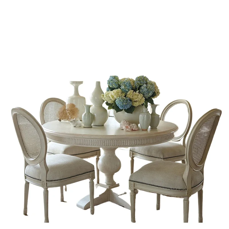 Amerikanischer Landhaus-Esstisch und Stühle aus massivem Holz, runder Tisch, französischer Retro-weißer alter runder kleiner Apartment-Esstisch