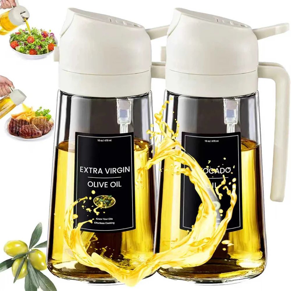 Dispenser di olio 2 in 1, spruzzatore di olio per cucinare - Dispenser di olio da 16 once/470 ml per cucina, bottiglia di erogatore di olio d'oliva con adesivi