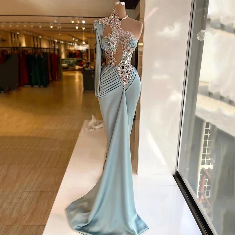 Sexy One-Shoulder-langes Abendkleid 2025, Meerjungfrau, Perlenkristalle, Saudi-Arabien, formelle Nacht, Cocktailparty, Abschlussballkleider, individuell gestaltet Image
