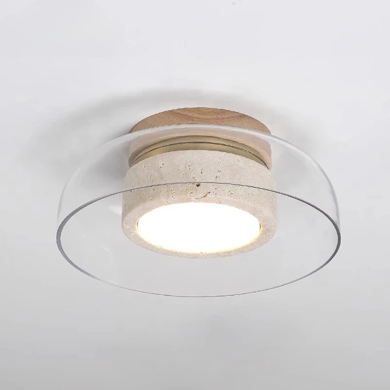 Wabi sabi Travertine LED-Deckenleuchte für Wohnzimmer, Eingang, gelber Travertin mit Glasschirm, LED-Deckenleuchte