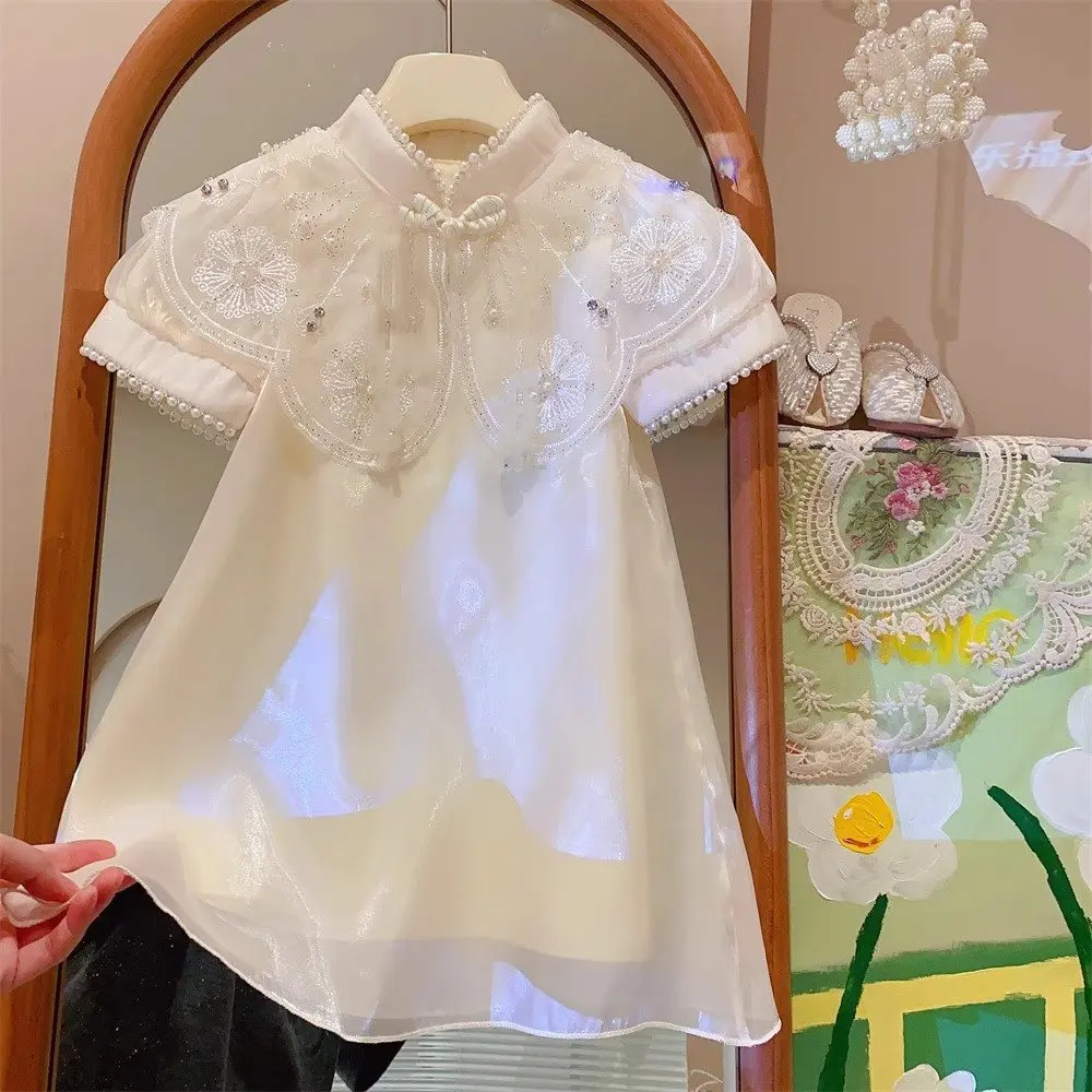 Sommer Neue Chinesische Stil Elegante Weiße Spitze Blume Bestickt Kurzarm Kleid Süße Mädchen Kleidung 2-7 Jahre alt Cheongsam