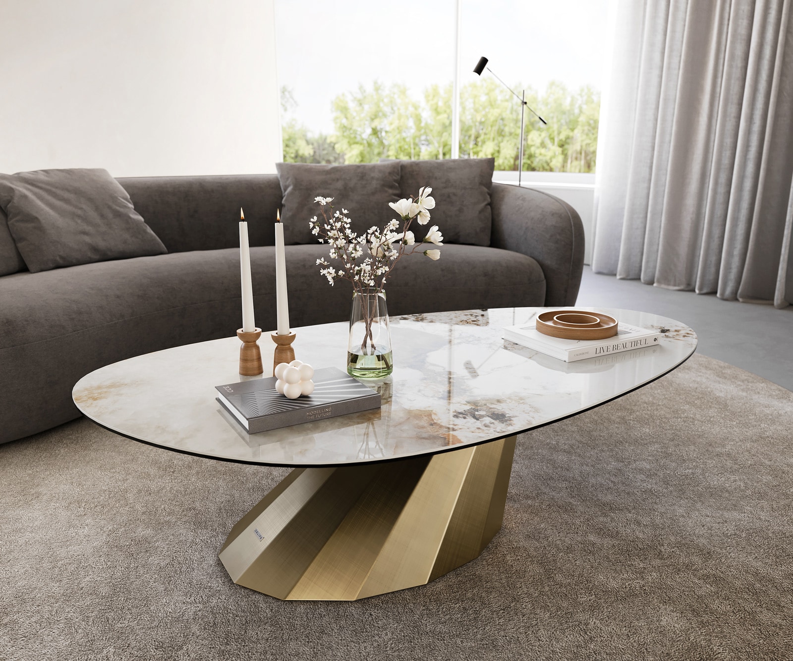 DELIFE Couchtisch Edge Oval 140x75 cm Keramik Minas Melange Parabi Metallic Gold, Couchtische Image