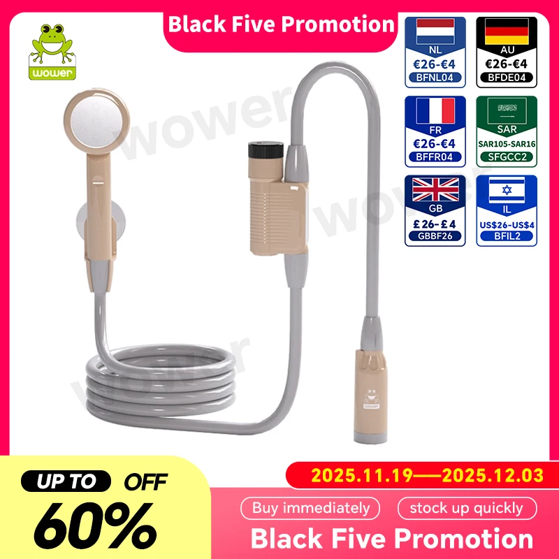 WOWER Tragbare Dusche, 2200 mAh, IPX8, wasserdicht, elektrische Dusche mit 2 m Schlauch, wiederaufladbare tragbare Dusche für Campingreisen