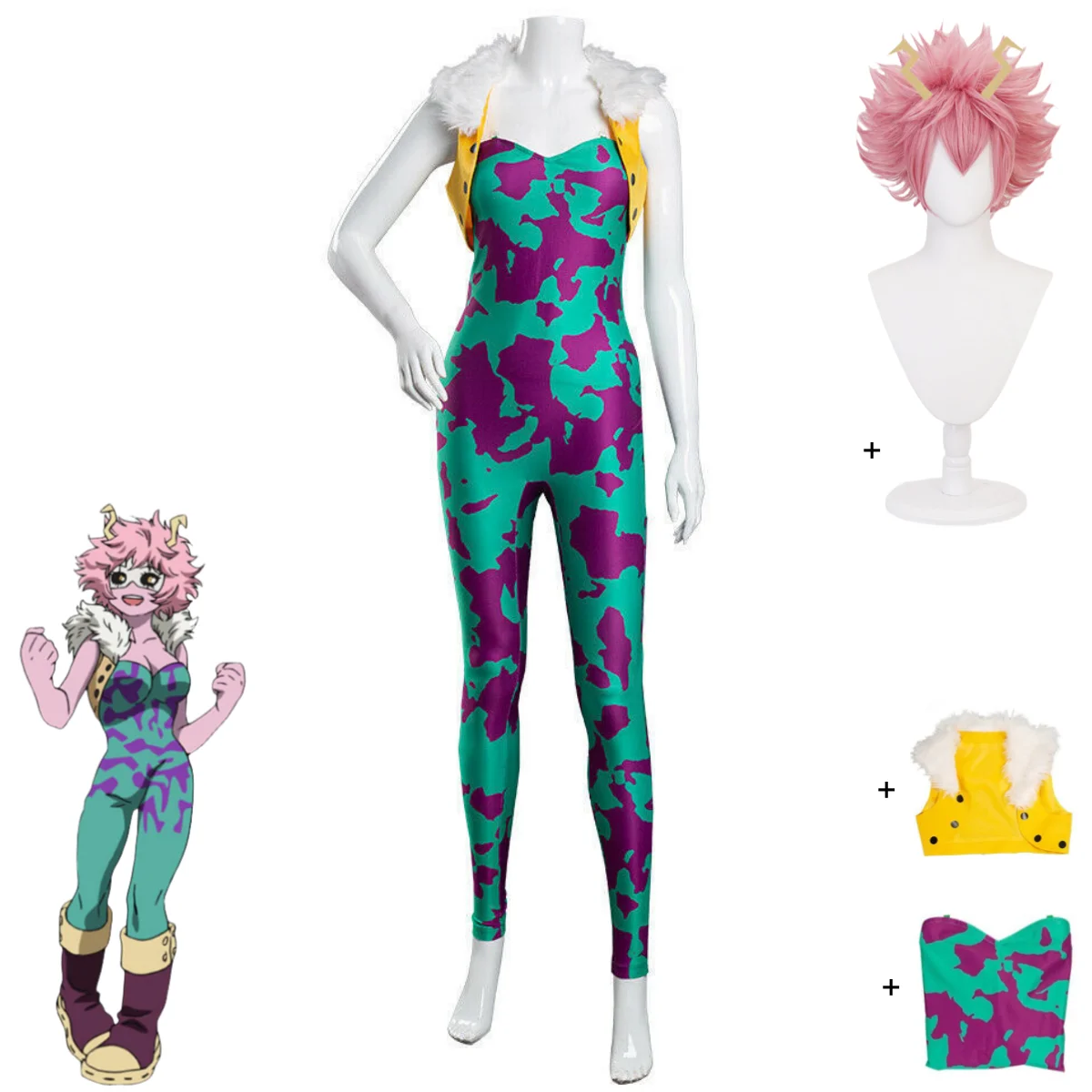 Anime Mein Hero Wissenschaft Ashido Mina Cosplay Kostüm Pinky Grün Overalls Mantel Perücke Kopfbedeckung Frau Sexy Karneval Party Anzug