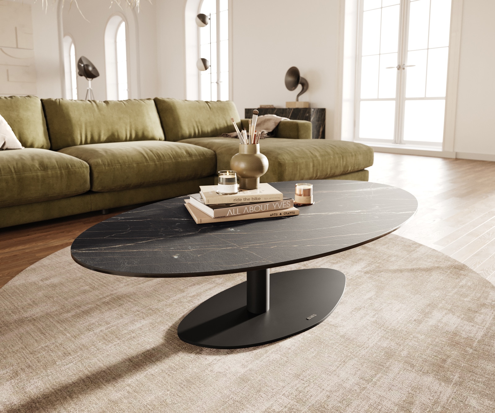 DELIFE Couchtisch Edge Oval 140x80 cm Keramik Laminam® Noir Desir Braun Vibany Metall Schwarz, Couchtische Image