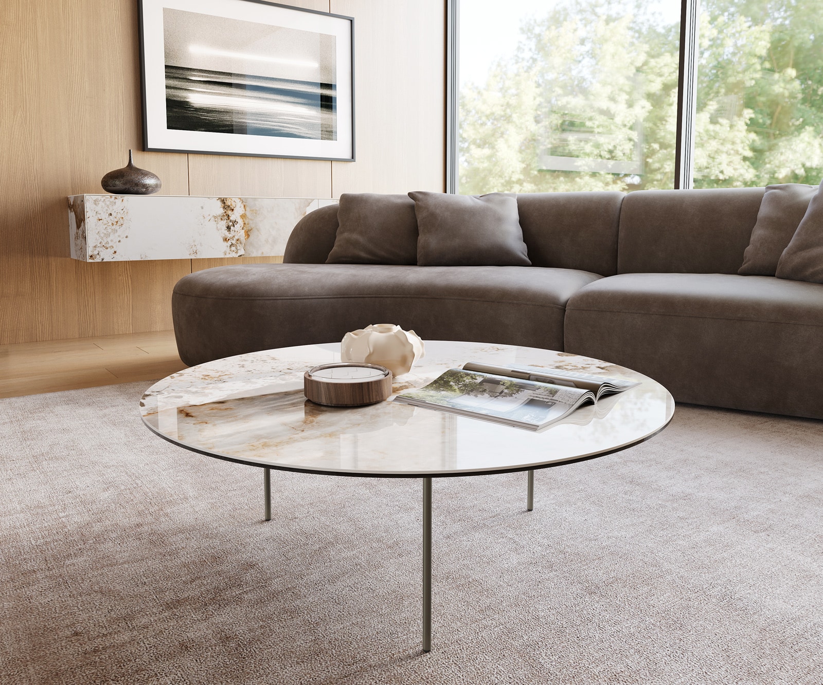 DELIFE Couchtisch Edge Rund 100x100 cm Keramik Minas Melange Trive Metall Effektfinish Titan, Couchtische Image