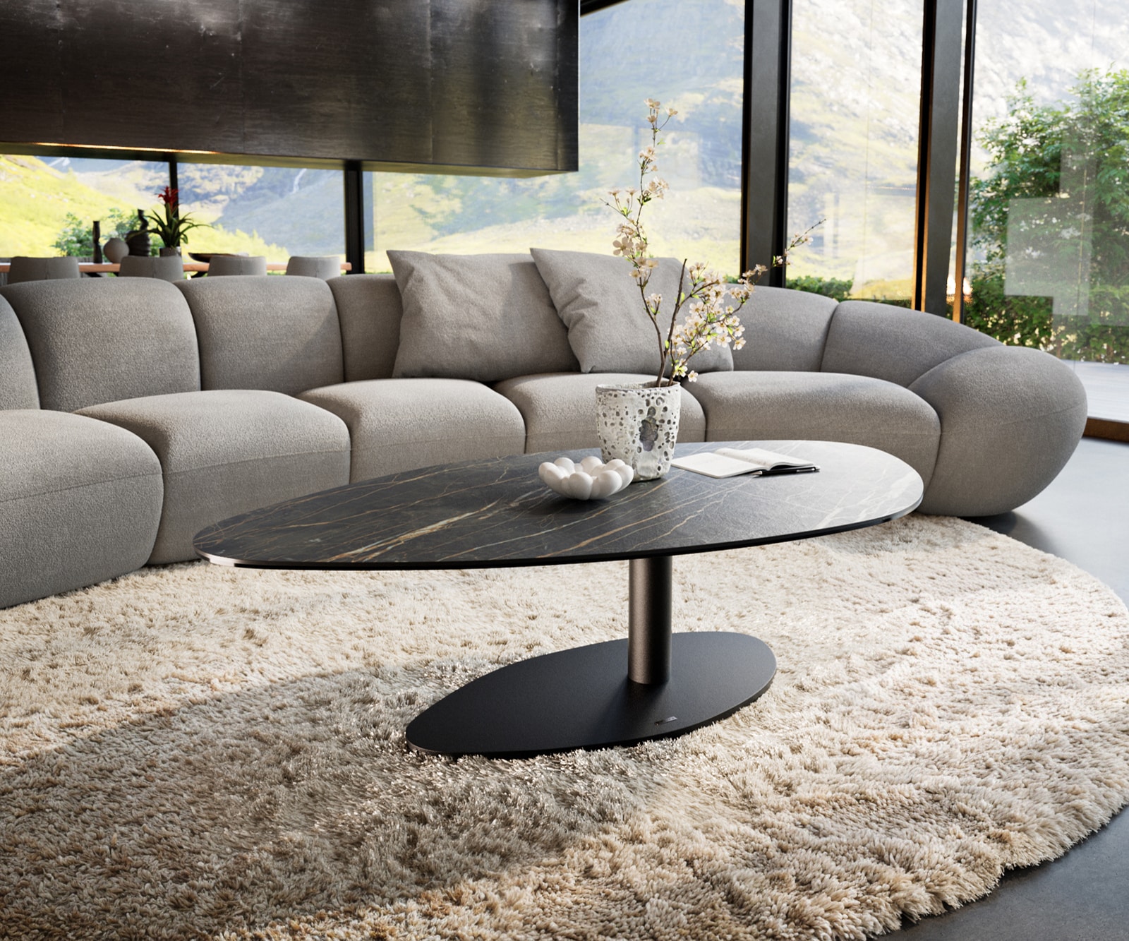 DELIFE Couchtisch Edge Organisch 140x76 cm Keramik Laminam® Noir Desir Braun Vibany Metall Schwarz, Couchtische Image