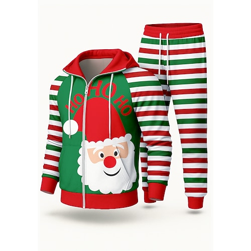 Natale Per uomo Felpa con cappuccio Tuta da Ginnastica Tuta da 2 pezzi Coulisse Con zip A righe Completo Abbigliamento Autunno Rosso Casuale Lavoro All'aperto Leggero Di tendenza Manica Lunga Sport
