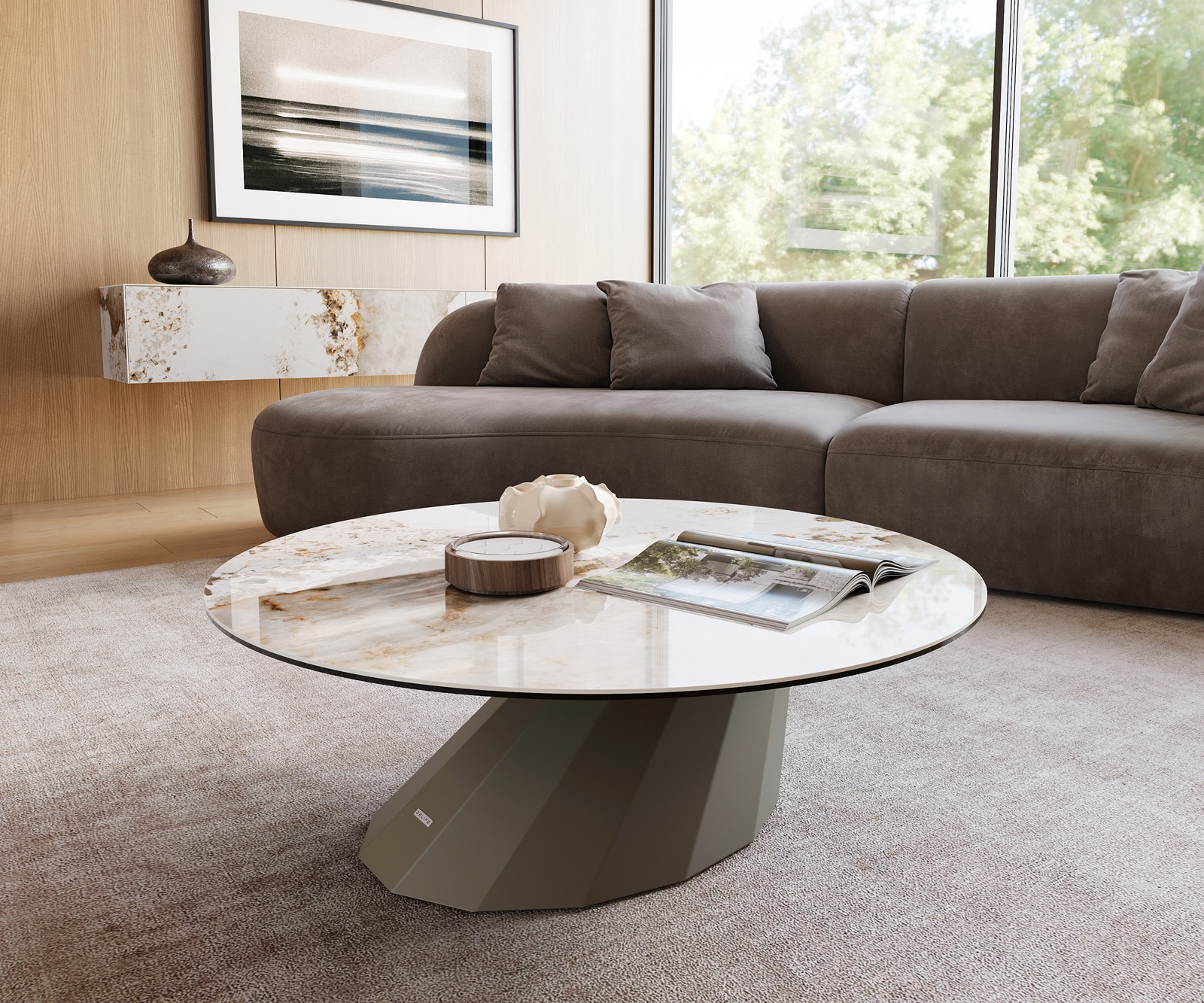 DELIFE Couchtisch Edge Rund 100x100 cm Keramik Minas Melange Parabi Metall Effektfinish Titan, Couchtische