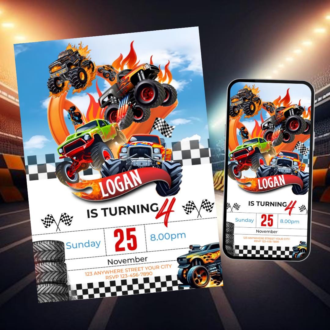 Invito di compleanno a tema Monster Truck, invito di compleanno a tema corse, invito di compleanno a tema auto, invito per festa di compleanno per bam