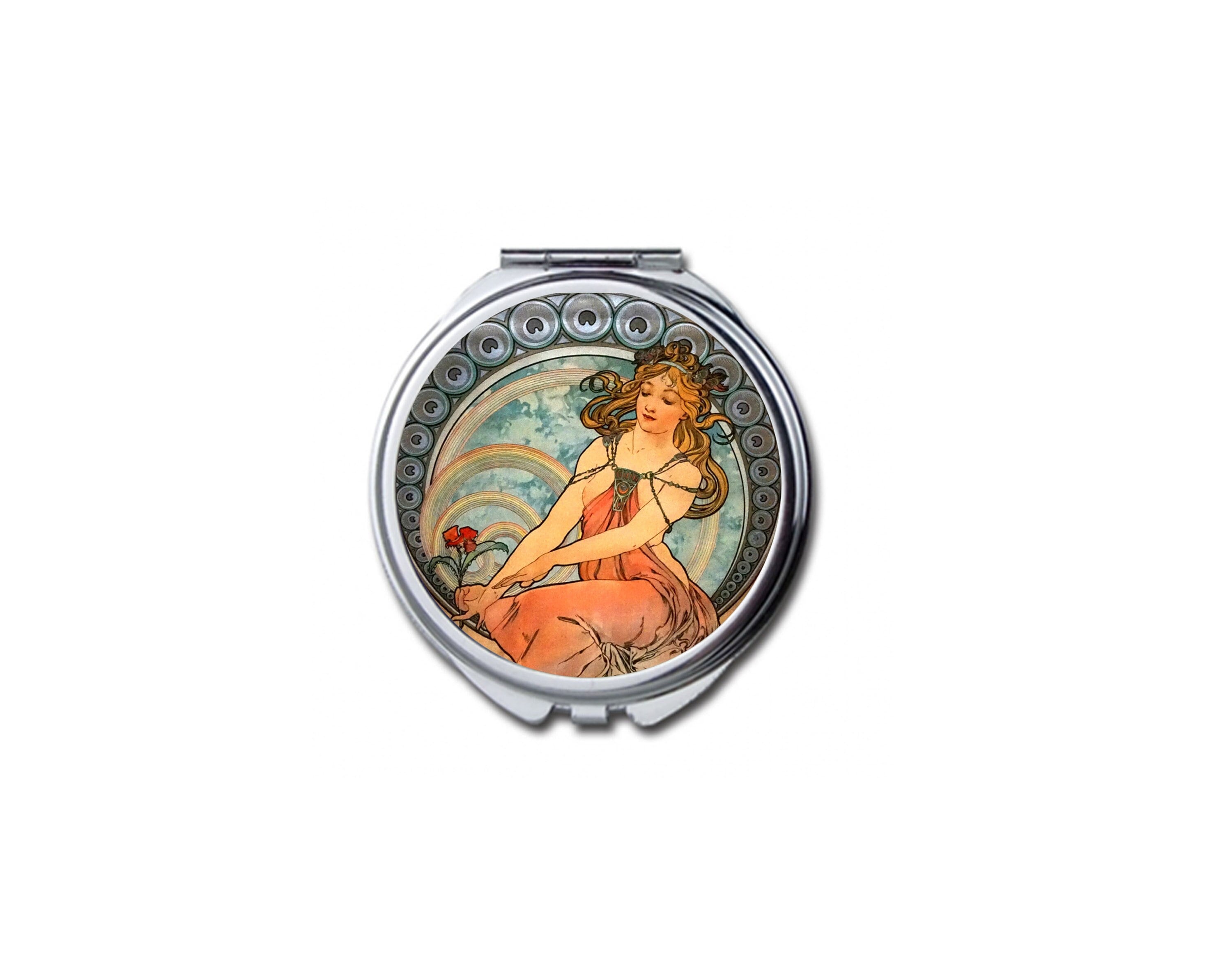 Specchio tascabile con opere d'arte di Alphonse Mucha, specchio compatto da donna in stile Art Nouveau, specchio cosmetico in stile antico, regalo per