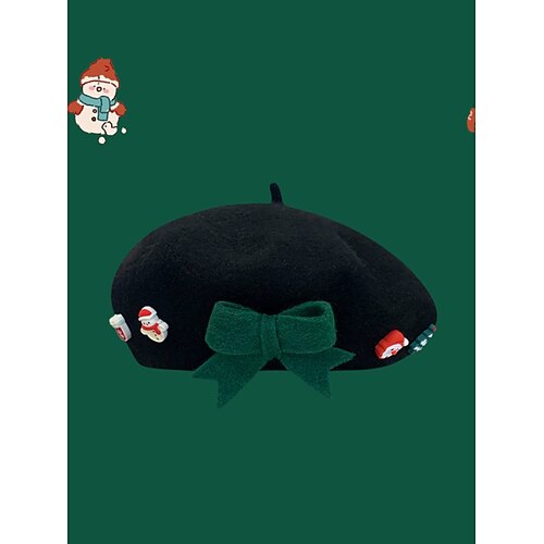 Kinder Weihnachtsmütze, rot mit grüner Schleife und Weihnachtsmann Schneemann-Verzierungen, perfekt für Feiertagspartys und als Geschenk Image