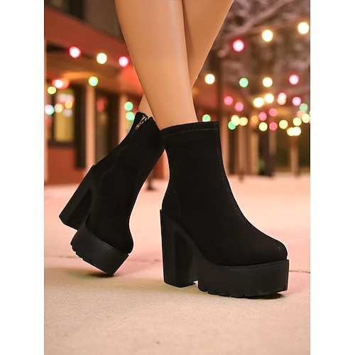 Braune Chunky Plateau-Stiefeletten für Damen mit hohem Blockabsatz – stylische Freizeitstiefel mit Reißverschluss für Alltag und Streetfashion Image