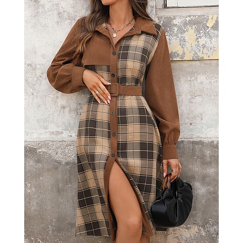 Damen Minikleid Kariertes Kleid Hemdblusenkleid Vintage Mode Modern Täglich Outdoor Urlaub Normale Passform Karomuster Langarm Hemdkragen Braun Dunkelgray Aprikose Herbst Winter Image