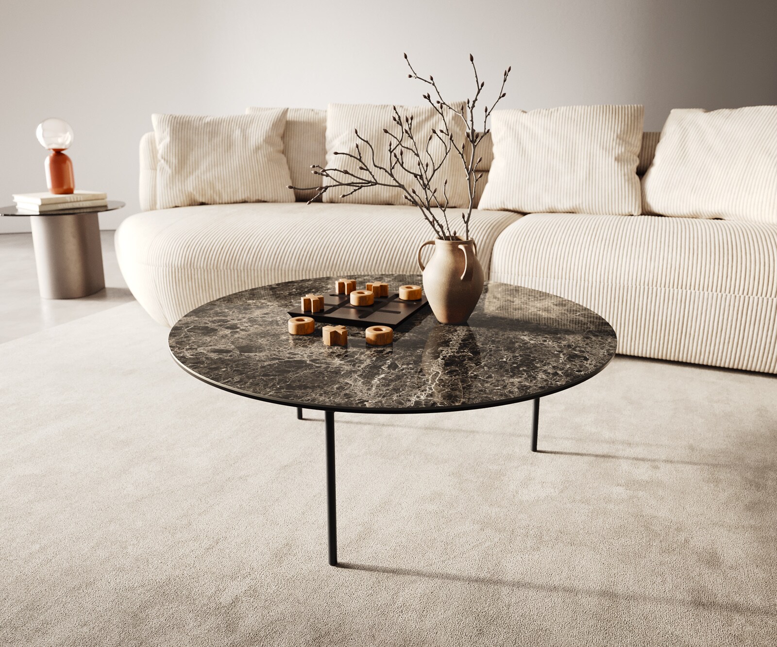 DELIFE Couchtisch Edge Rund 90x90 cm Keramik Laminam® Emperador Extra Lucidato Dunkelbraun Trive Metall Schwarz, Couchtische Image