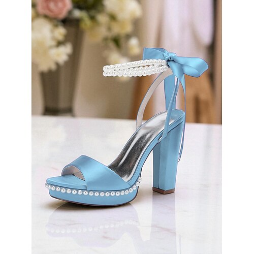 Damen-Plateau-Pumps aus rosa Satin mit Perlen-Fesselriemchen und Schleife – elegante High-Heel-Sandalen für Cocktailpartys und formelle Anlässe Image