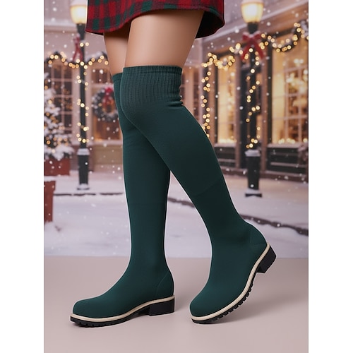 dunkelgrüne Overknee-Winterstiefel für Damen – dicke Sohle, stylisch warm, ideal für Weihnachts- und Winteroutfits Image