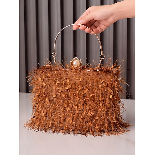 Weihnachtsparty-Handtasche für Damen – elegante rot-grüne Abendtasche mit Federn, goldenem Griff und Perlenverschluss – Weihnachtsgeschenk für Damen – schicker festlicher Stil für Weihnachtsfeiern