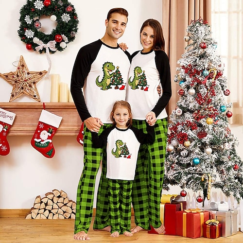 Familie Weihnachten Weihnachtspyjama für die Familie Schlafanzug Familiensets Karomuster Dinosaurier Weihnachtsbaum Heim Druck Dunkelgrün Hellgrün Armeegrün Langarm Täglich Passende Outfits Image