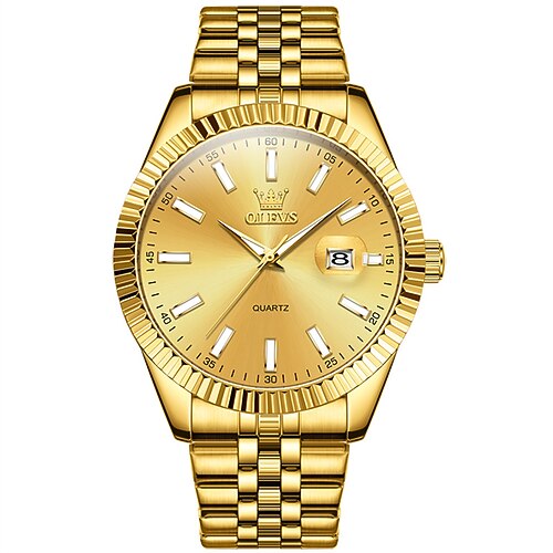 Die schlichte Business-Quarzuhr für Herren der neuen Marke Olevs mit leuchtendem Kalender in der Farbe Gold ist eine klassische, modische und trendige wasserdichte Sportarmbanduhr für Herren Image