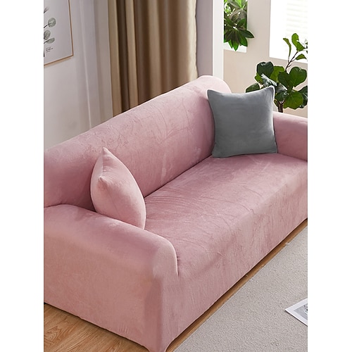 1 Stück winterwarmer, plüschiger, einfarbiger, elastischer Sofabezug – moderner, minimalistischer, rutschfester, universeller Sofaschutz, geeignet für L-förmige Sofas und 1/2/3/4-Sitzer-Sofas Image